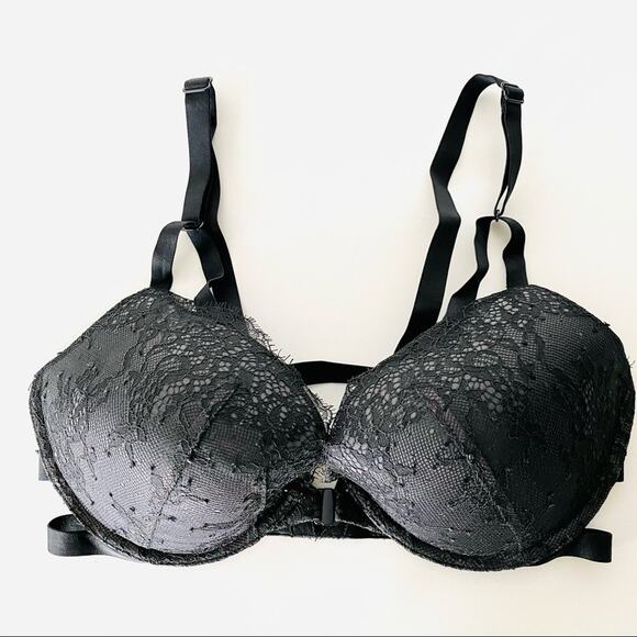 NEW VS VICTORIAS SECRET Black Lace Strappy Elastic Front Clasp Push Up Bra 32D - Picture 1 of 8